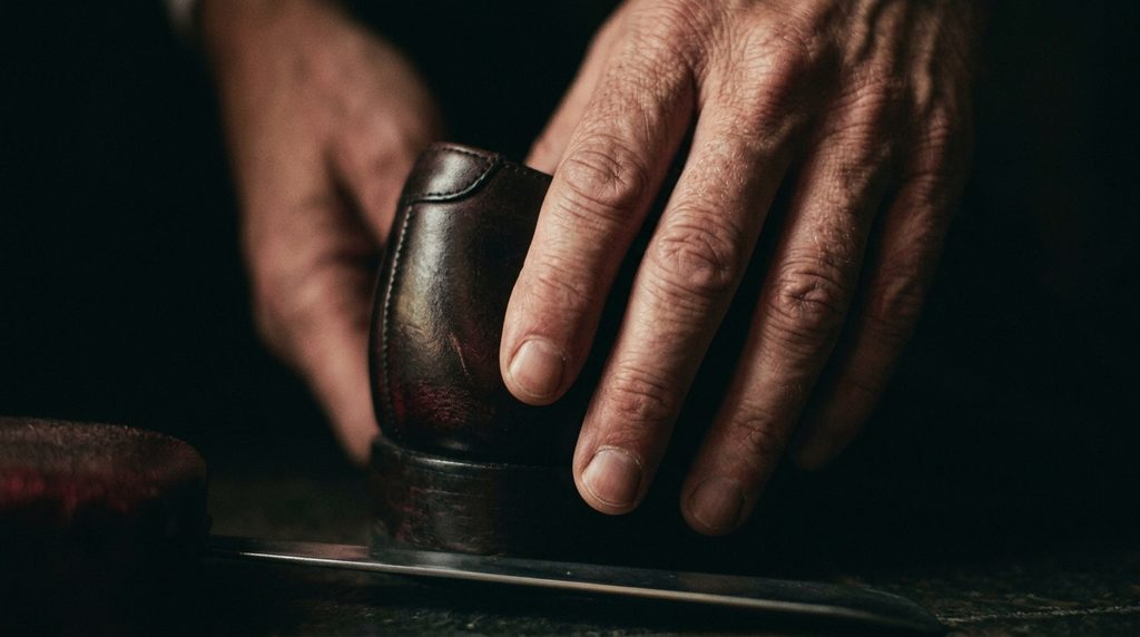 低い光の中で革靴のかかとに指先を添える男性の手元