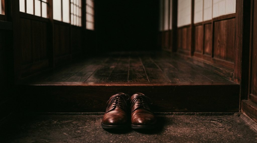 暗い玄関の上がり框に揃えて脱がれた革靴と、その奥に伸びる廊下